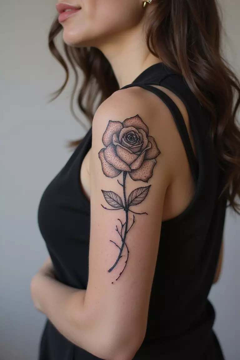 A close-up shot of a woman showing her black ink dotwork shaded rose tattoo on her arm.