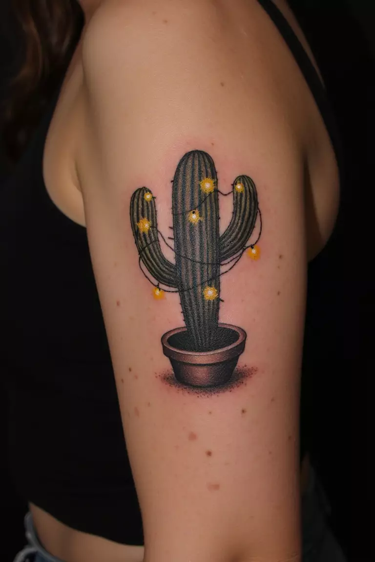 A close up shot of a woman showing her black ink cactus wrapped in fairy lights tattoo on her arm  