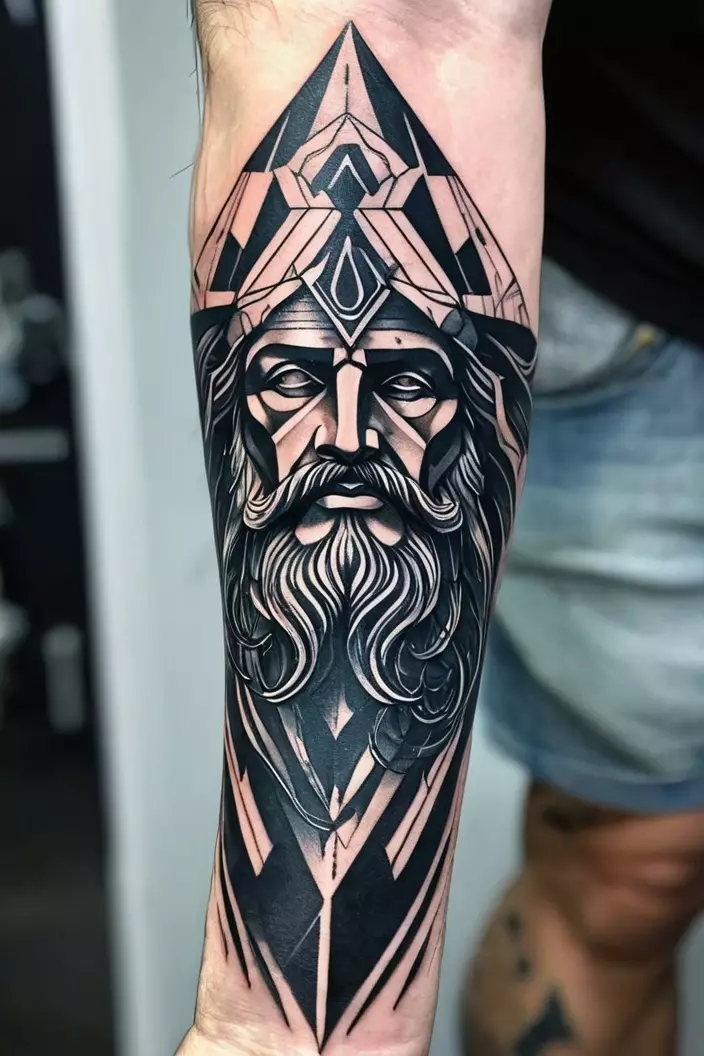 A photo of a man with a geometric Poseidon tattoo on his forearm, incorporating sharp lines and abstract shapes.  
