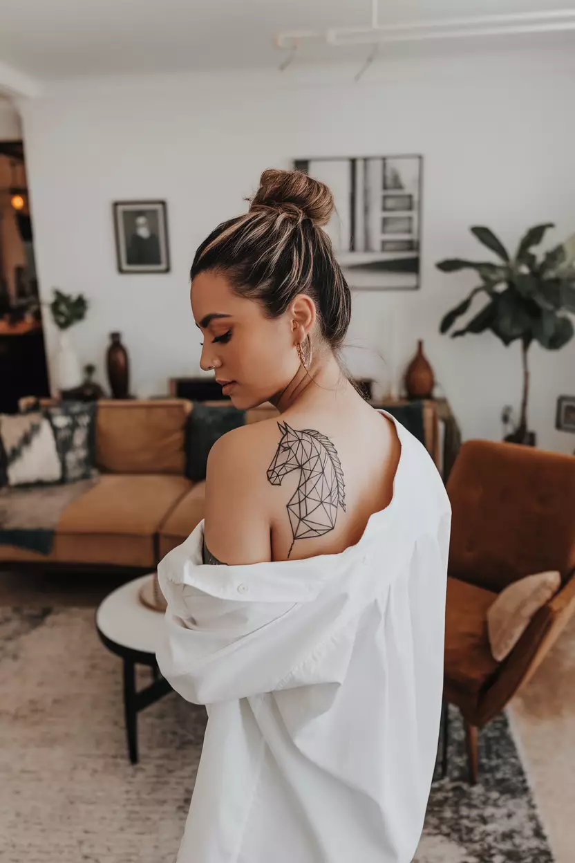 A photo of a woman with a geometric knight chess piece horse tattoo, living room background.