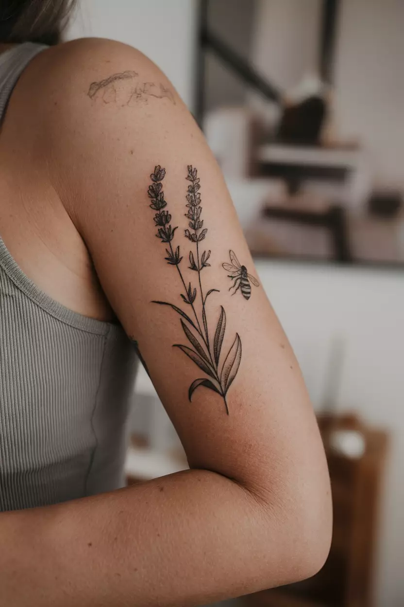 A close up shot of woman's arm with a lavender and bee tattoo  