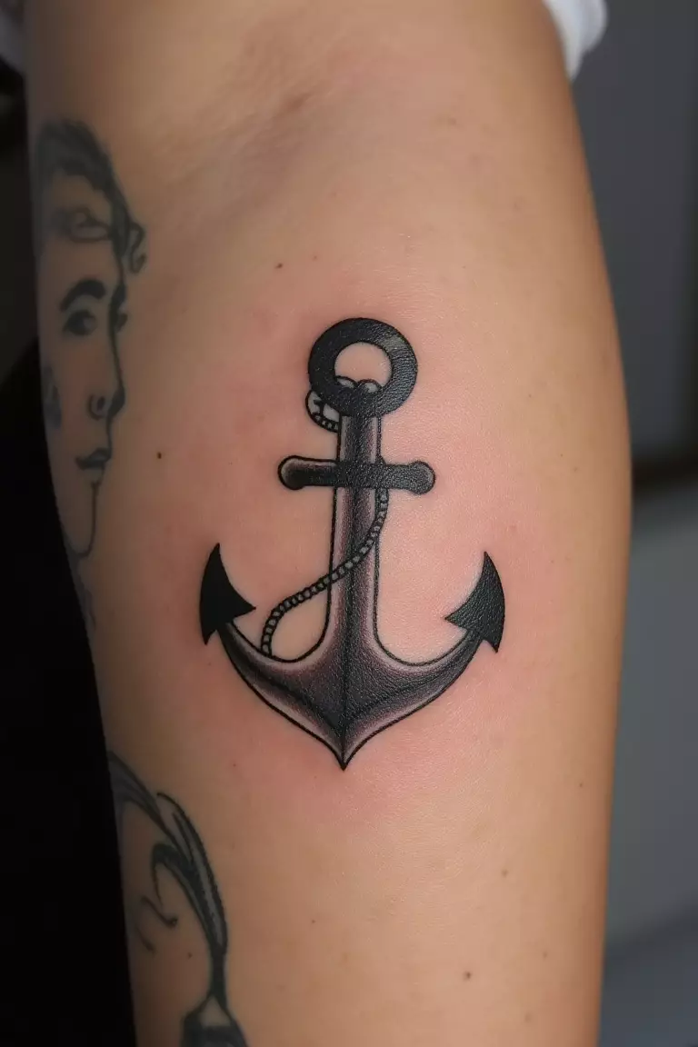 Geometric Anchor A close up shot of woman's arm with a black ink geometric anchor tattoo.