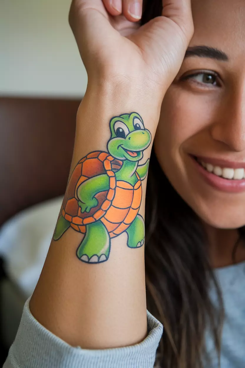 A close-up photo of a woman showing her playful cartoon turtle tattoo on her wrist, with bright colors and a cheerful expression that adds a fun element to her ink, bedroom background.