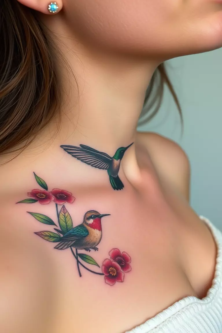 Hummingbird and Bird Paradise Tattoo on Collarbone A photo of a woman with a hummingbird and bird paradise tattoo on her collarbone, showcasing lush scenery