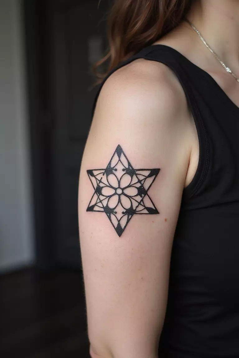 A close-up shot of a woman showing her black ink geometric shapes tattoo design featuring interlocking triangles and circles on her arm
