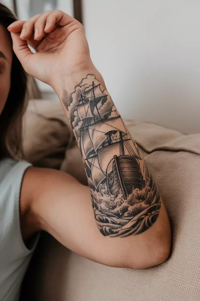 A close-up photo of a woman showing her vintage ship tattoo battling stormy seas, symbolizing resilience and adventure in the face of challenges, tattoo design, living room background