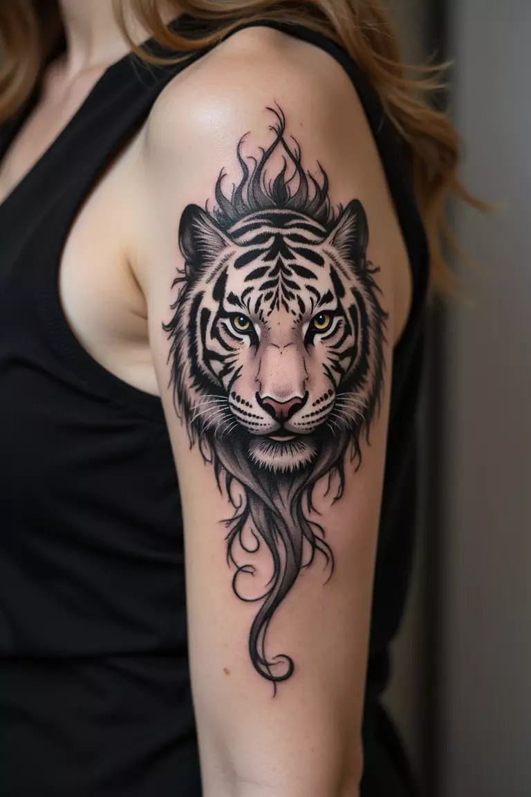 Tribal Tiger Art A close-up shot of a woman's arm with a black ink tattoo of a tiger styled with bold, flowing tribal patterns.