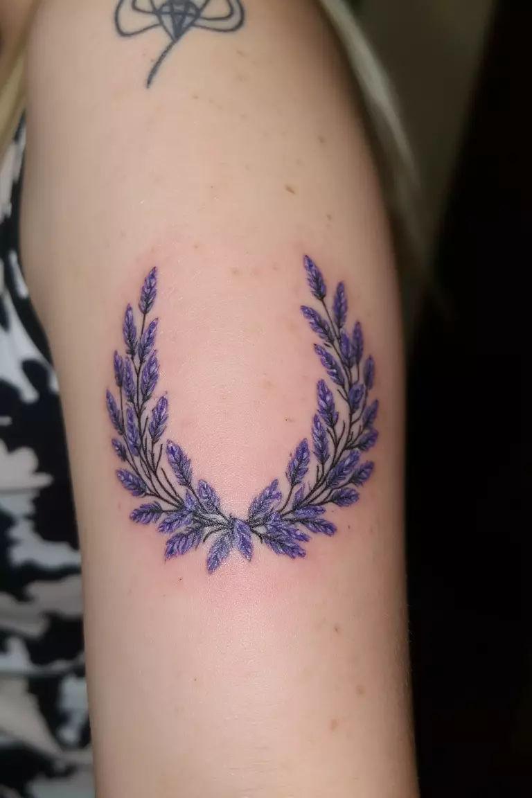 A close up shot of woman's arm with a lavender wreath tattoo  