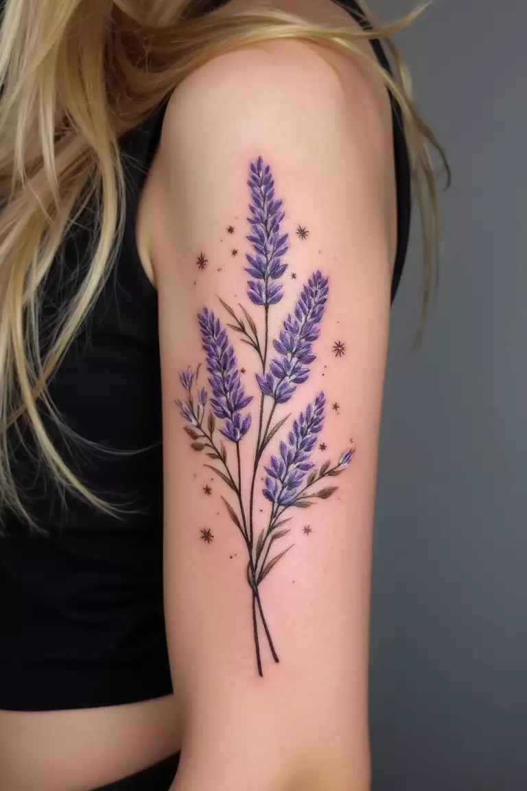 A close up shot of woman's arm with a lavender and stars tattoo  