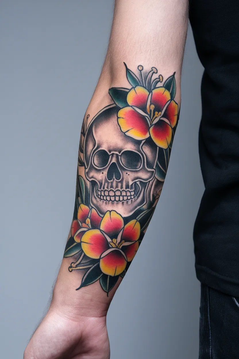 Skull Outline & Flowers Tattoo