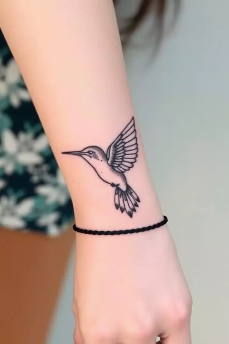 Black Ink Hummingbird Tattoos A photo of a woman with a black ink hummingbird tattoo on her wrist, showcasing intricate line work