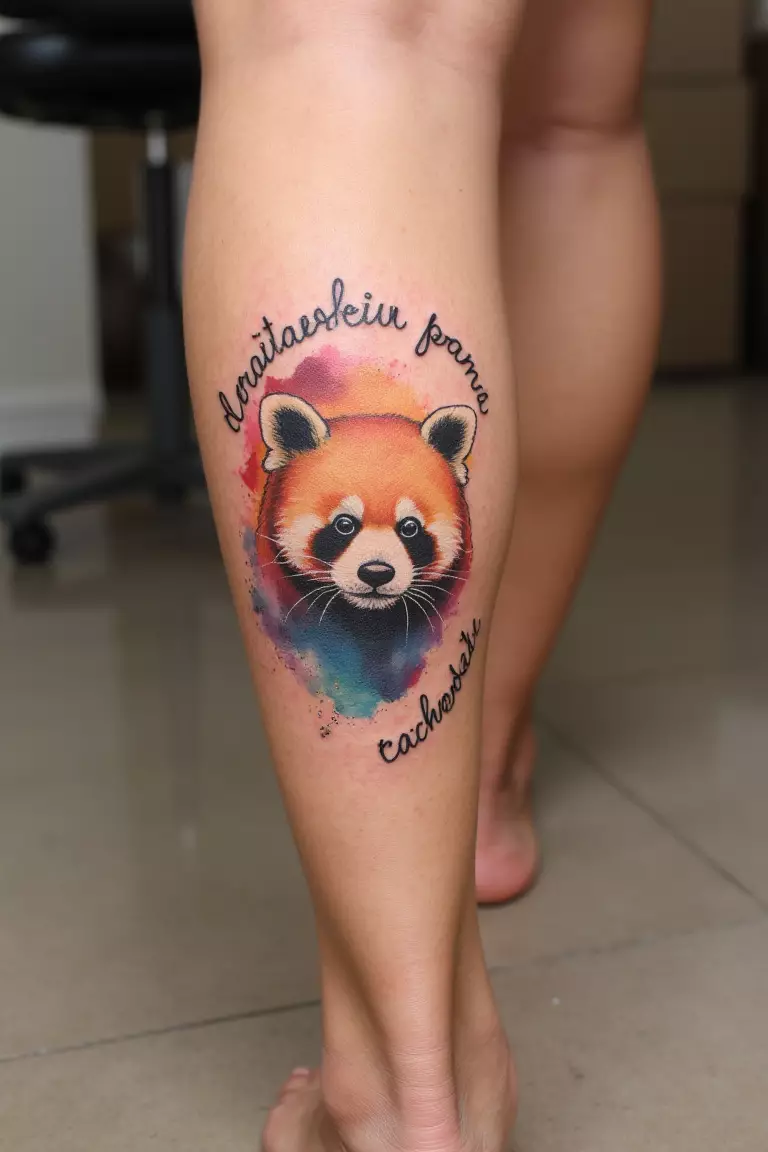A close up shot of woman with a watercolor panda with script calf tattoo.  