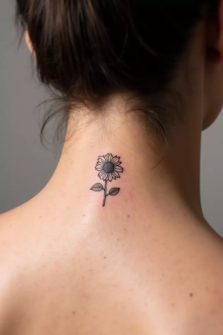 A close up shot of woman's neck from the back with a black ink tiny sunflower tattoo  