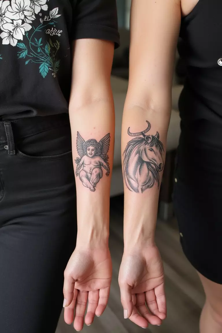 A photo of a woman with a stunning black and gray fineline Cupid and horse forearm tattoo, living room background.