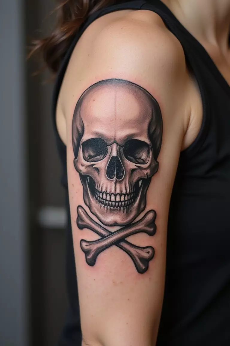 A close up shot of woman's arm with a black ink tattoo of a skull and bones.