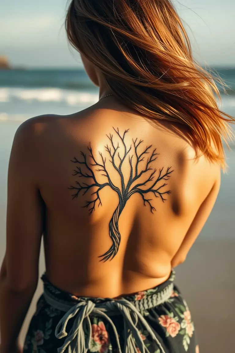 A photo of a woman standing on the beach with a poison tree tattoo displayed on her back, capturing the essence of nature.  
