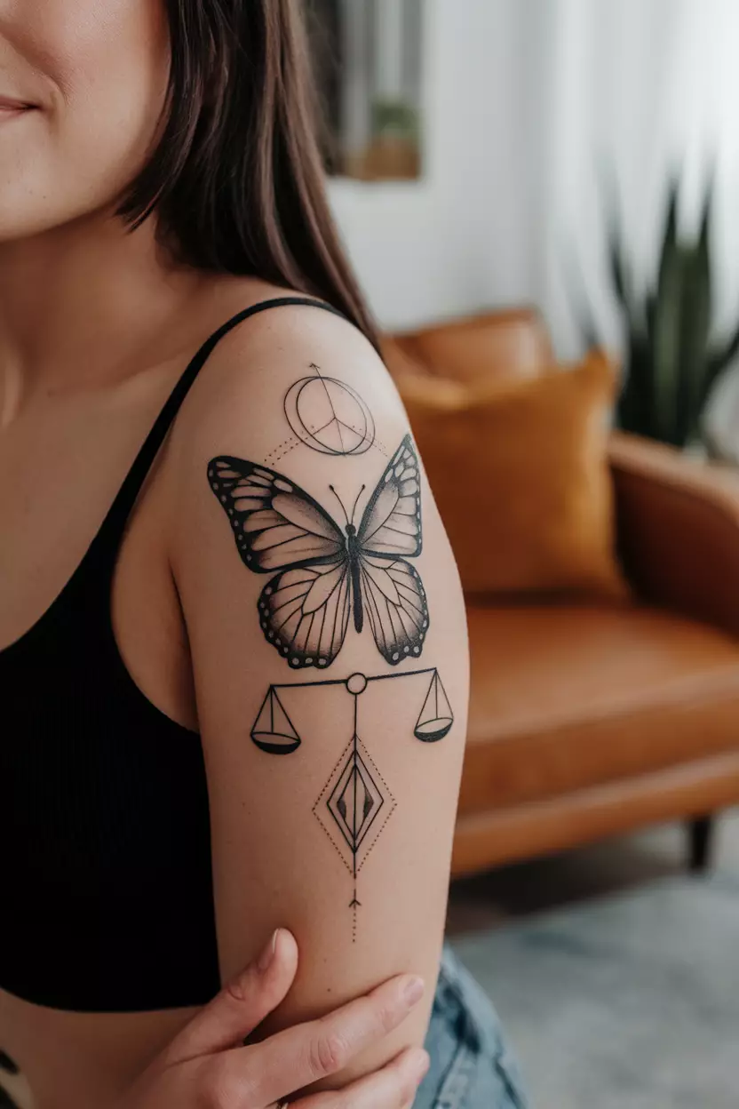 A close-up photo of a woman showing her black butterfly tattoo integrated with geometric shapes, symbolizing balance and harmony in life, tattoo design, living room background