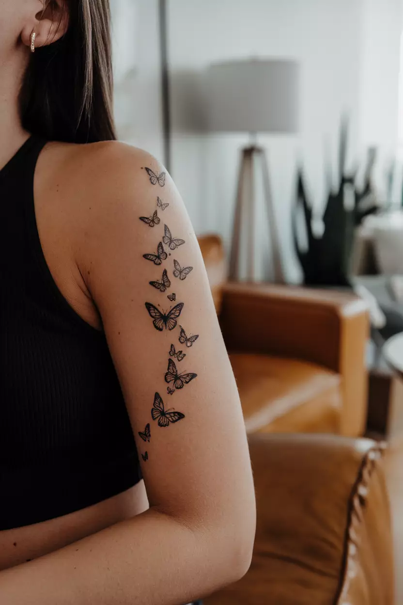 A close-up photo of a woman showing her flying black butterflies tattoo in formation representing freedom and the journey through life s challenges, tattoo design, living room background