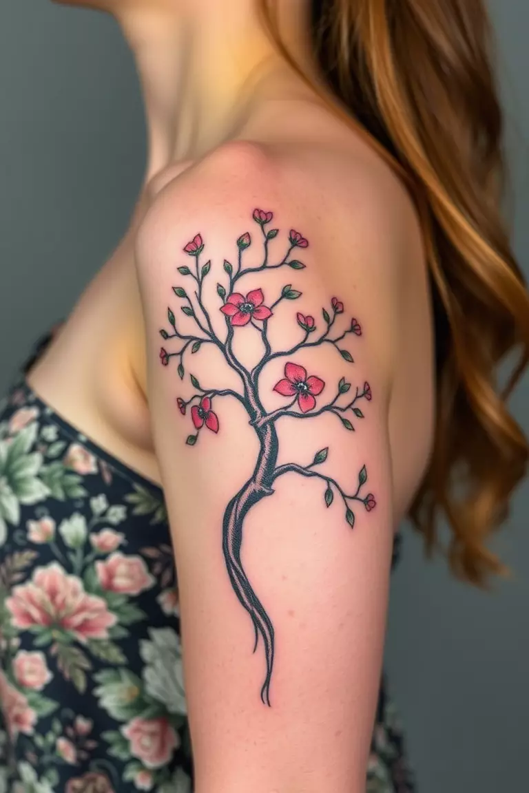 A photo of a woman with a poison tree upper arm tattoo, featuring smooth lines and vibrant designs.  