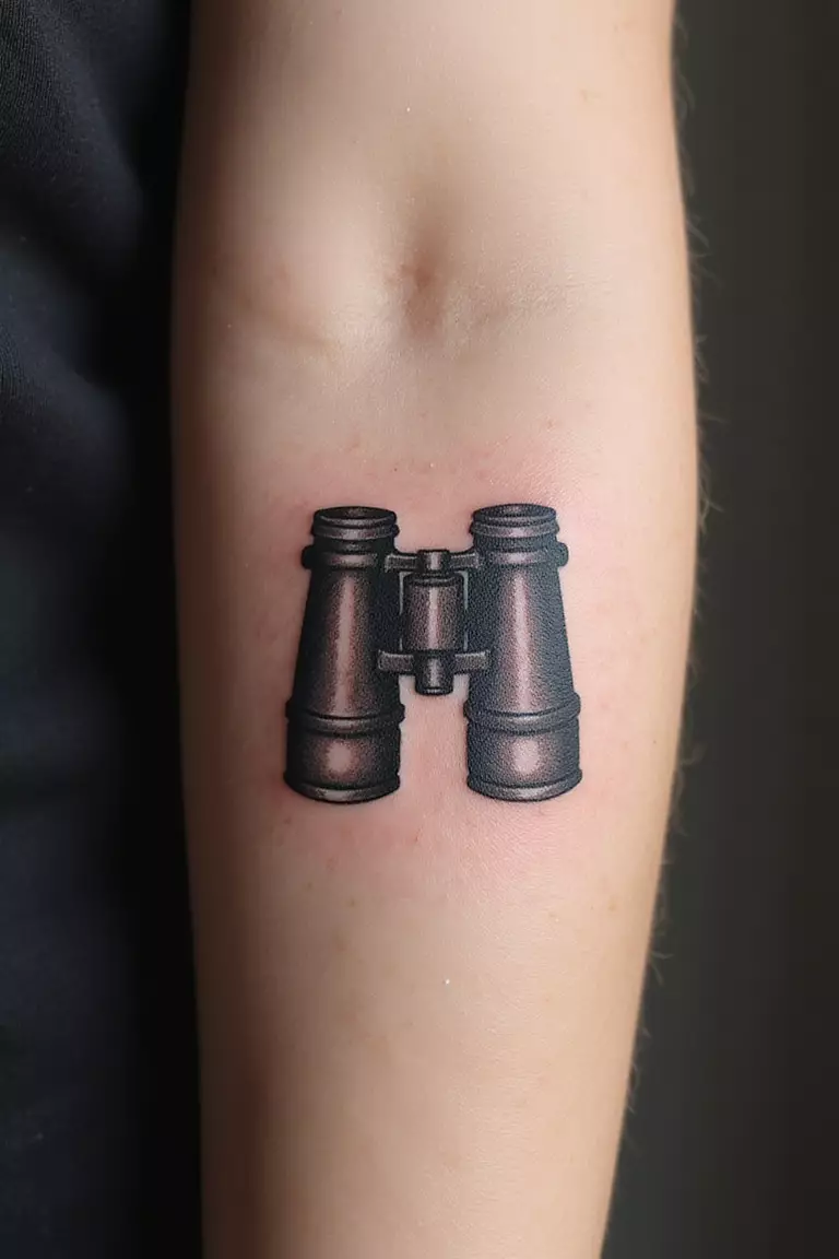 A close-up shot of a woman showing her black ink binoculars tattoo design on her arm