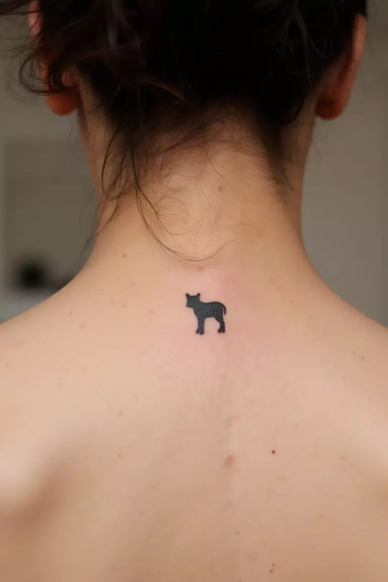 A close up shot of woman's neck from the back with a black ink tiny minimalist animal silhouette tattoo  