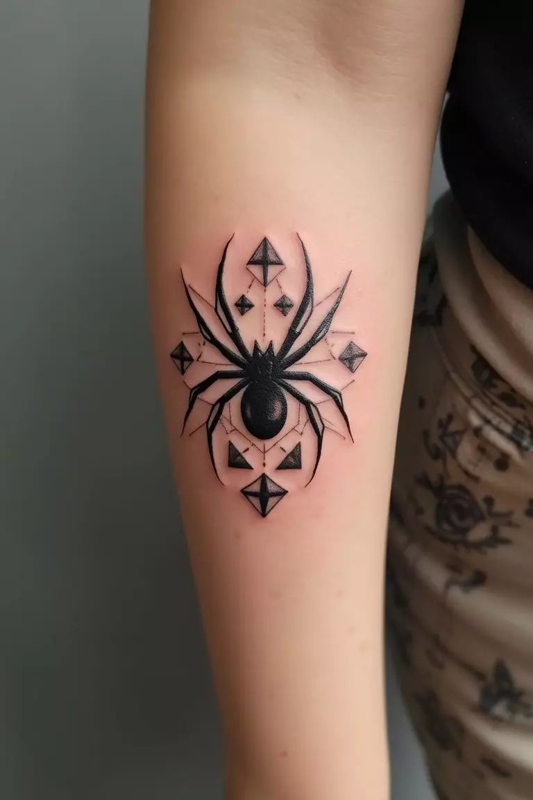 A close-up shot of a woman's arm with a black ink tattoo of a spider formed from interconnected geometric shapes like triangles and lines.