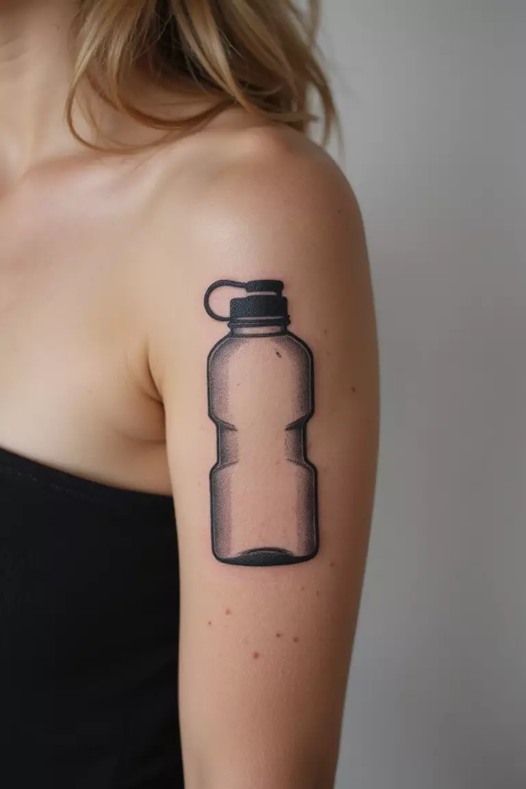 A close-up shot of a woman showing her black ink outline of a classic Nalgene-style water bottle tattoo design on her arm