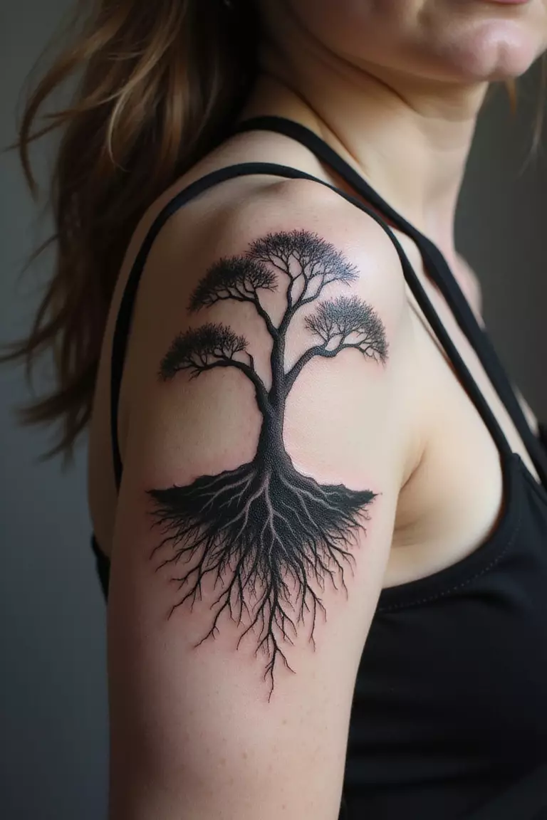 A close-up shot of a woman showing her black ink bonsai tree with detailed roots exposed above the soil line tattoo design on her arm