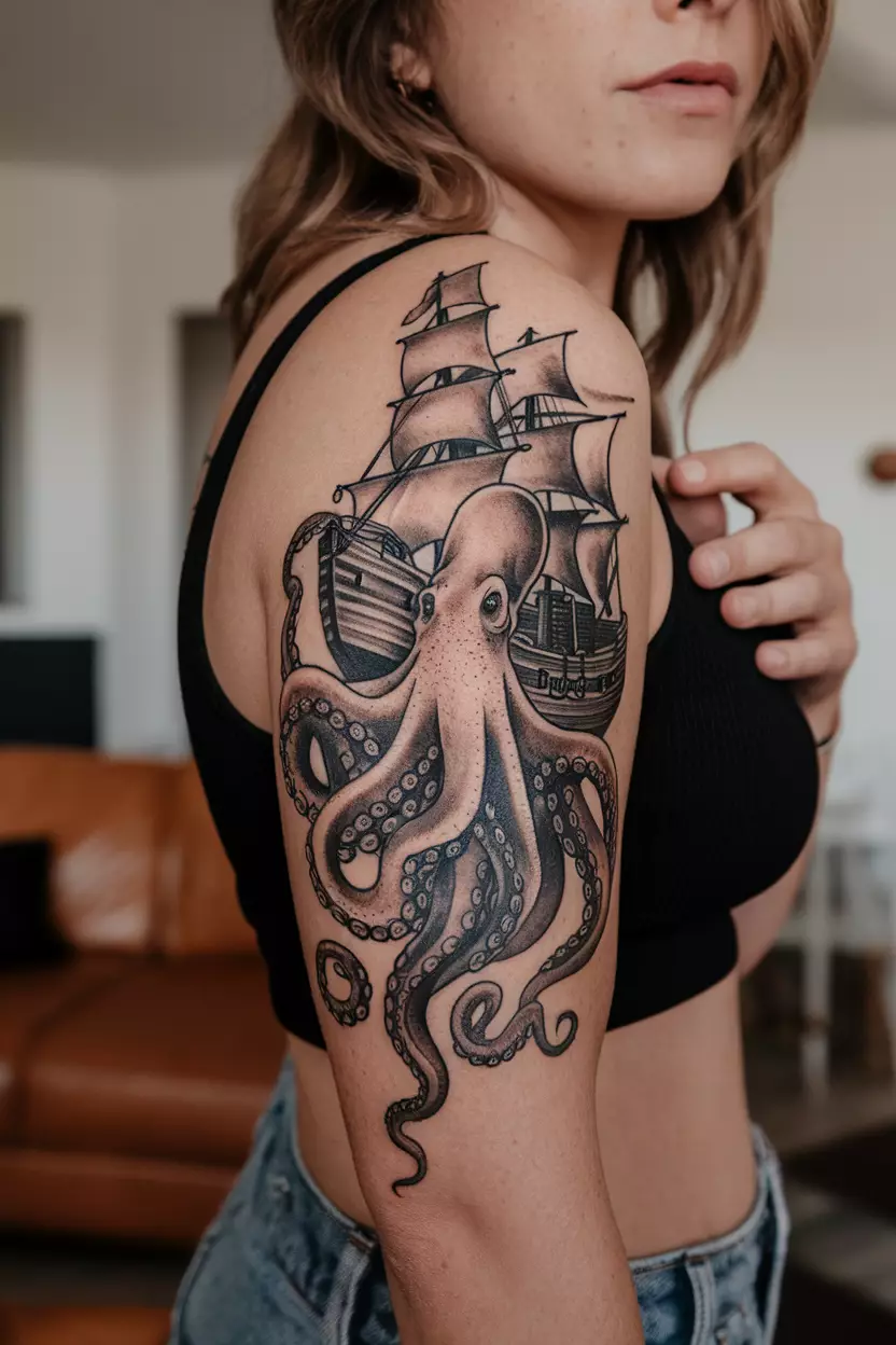 A close-up photo of a woman showing her octopus tattoo wrapping around an old ship, symbolizing mystery and the depths of the ocean's wonders, tattoo design, living room background