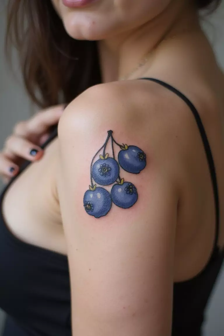 A close-up shot of a woman showing her black ink dainty blueberry tattoo on her arm