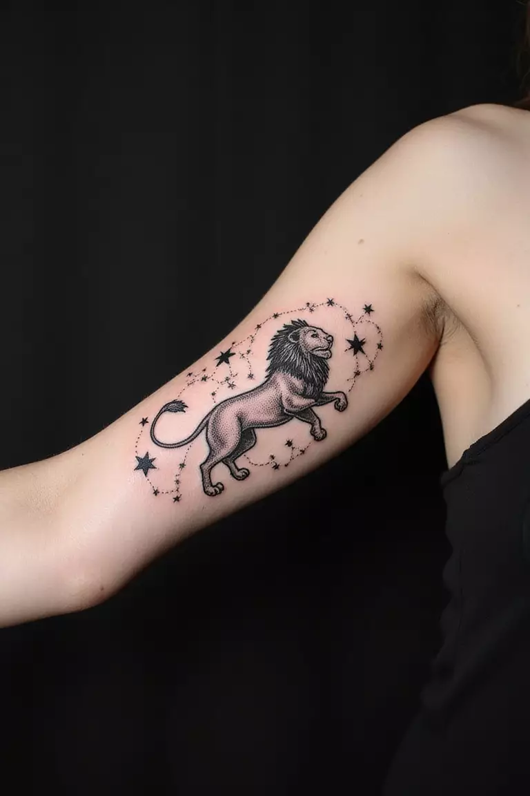 A close-up shot of a woman's arm with a black ink tattoo of a lion formed by stars and constellation lines against a dark background.