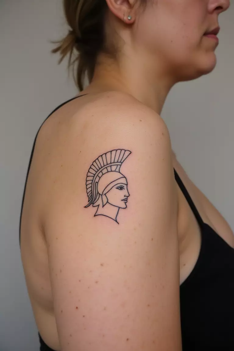 A close up shot of woman's arm with a black ink tattoo featuring a minimalist outline of Athena's iconic helmet, clean and elegant design.