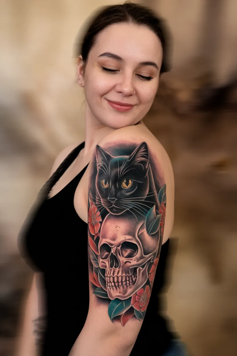 Black Cat and Skull Tattoo