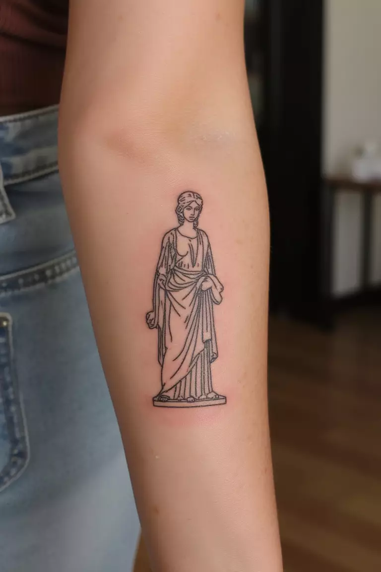A close up shot of woman's arm with a black ink tattoo featuring a minimalist outline of a Greek statue.