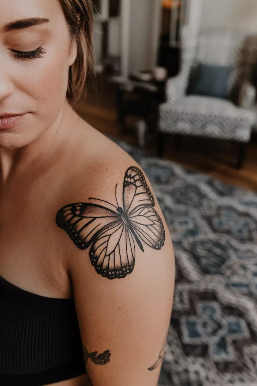 A close-up photo of a woman showing her detailed black butterfly tattoo showcasing intricate wing veins, representing resilience and personal growth, tattoo design, living room background