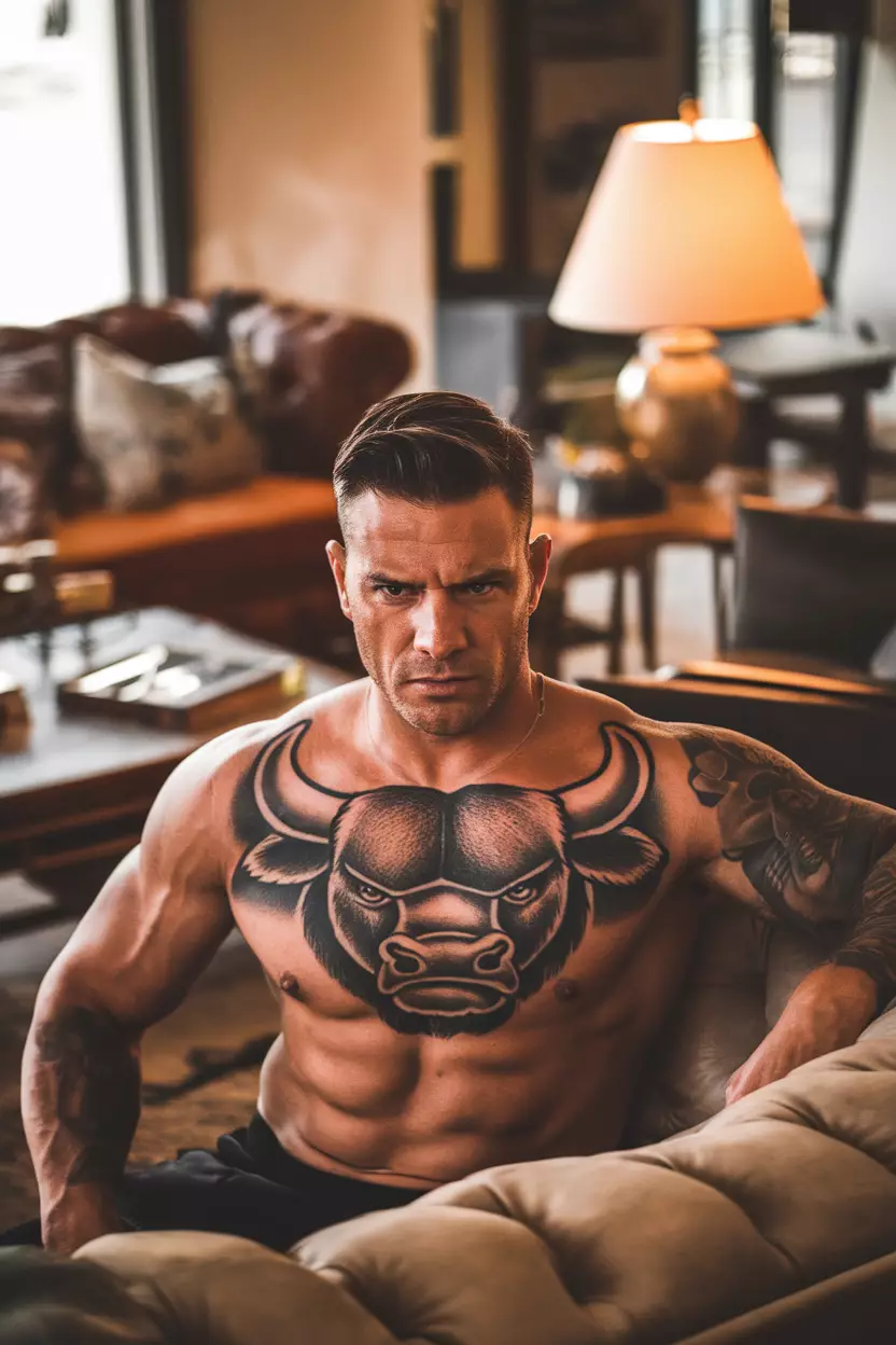 A close-up photo of a man showing his powerful bull tattoo on his chest, capturing strength alongside plush couches and warm lighting in an inviting living room setting that complements the fierce expression of the design.