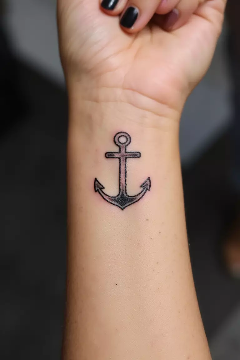 Small Anchor on Wrist A close up shot of woman's wrist with a black ink small anchor tattoo.