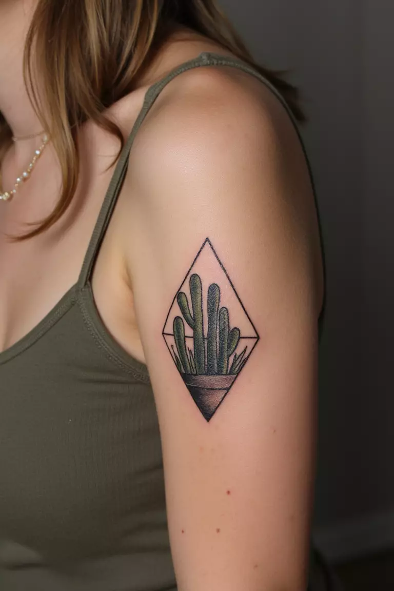A close up shot of a woman showing her black ink geometric terrarium cactus tattoo on her arm  