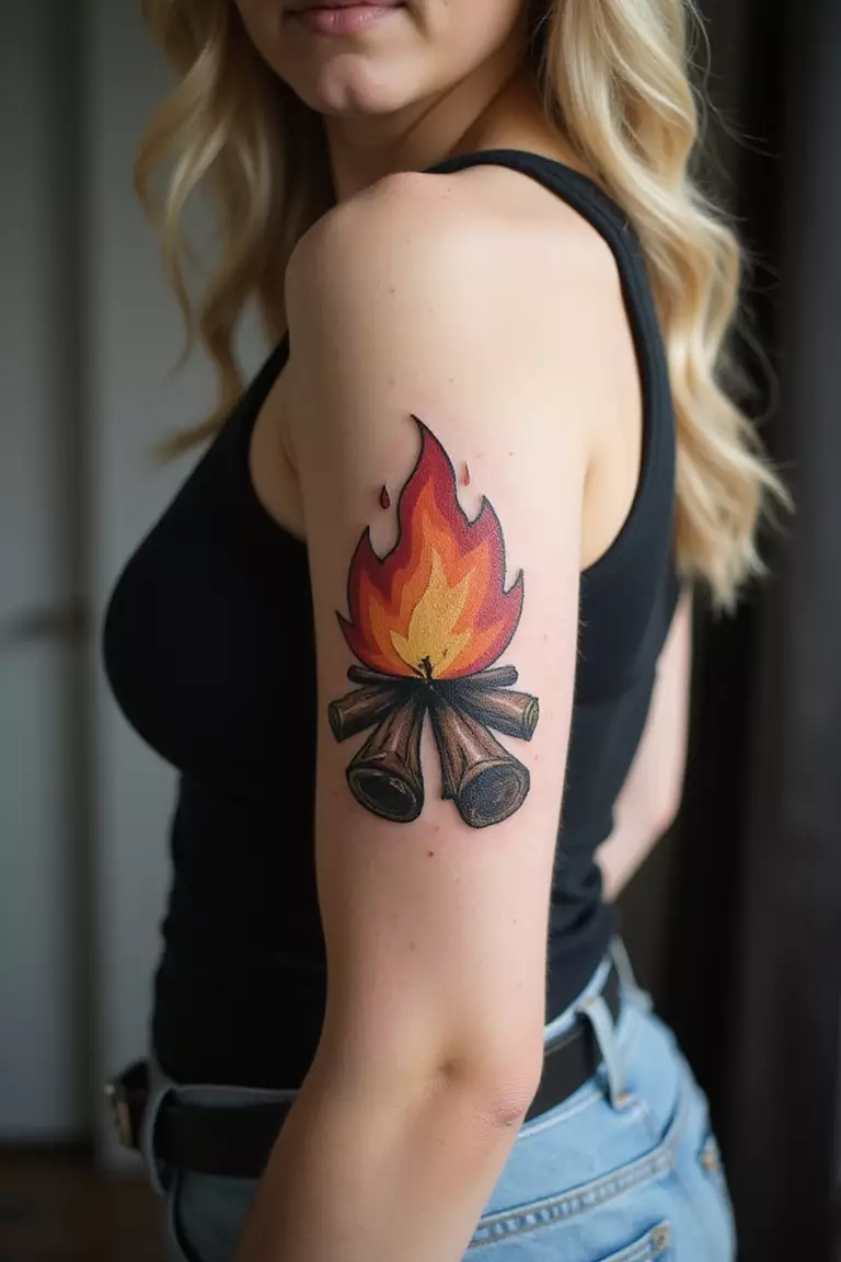 A close-up shot of a woman showing her black ink stylized campfire with logs tattoo design on her arm