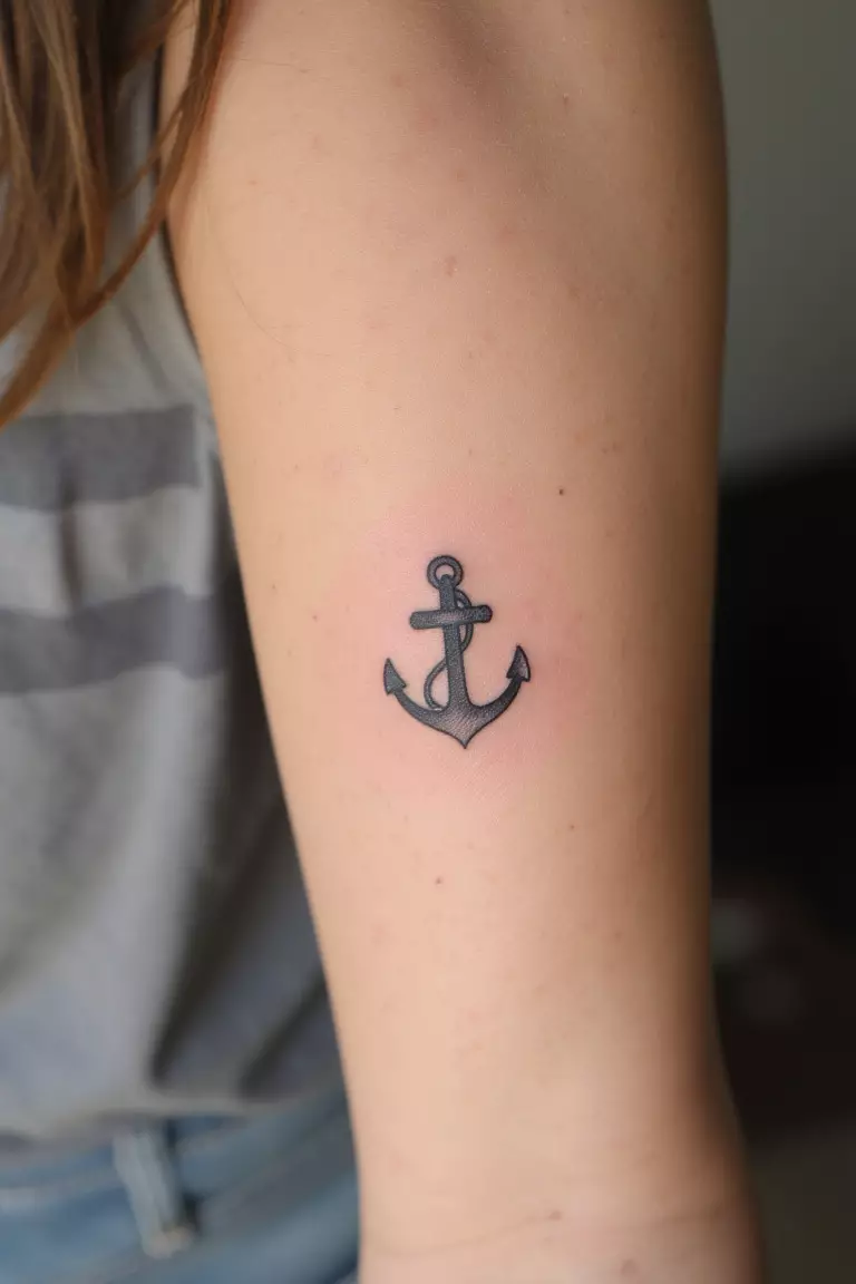 Tiny Anchor Tattoo A close up shot of woman's arm with a black ink tiny anchor tattoo.