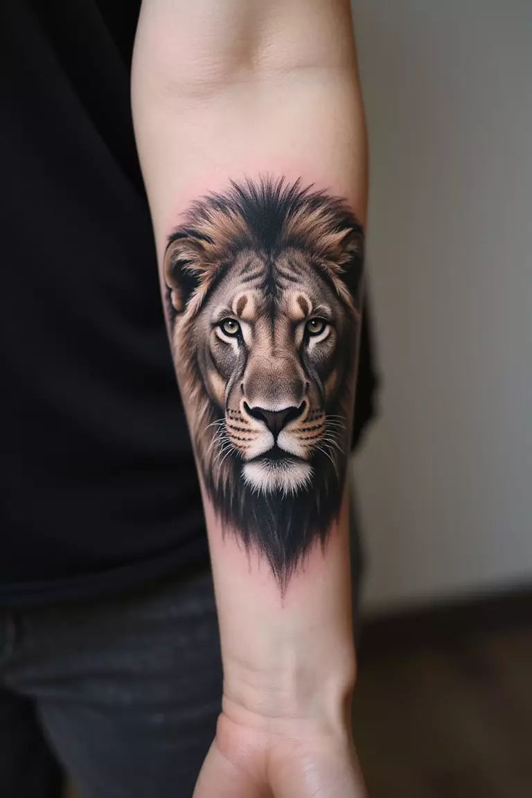 A close-up shot of a woman's arm with a black ink tattoo of a highly detailed, realistic lion's face looking forward.