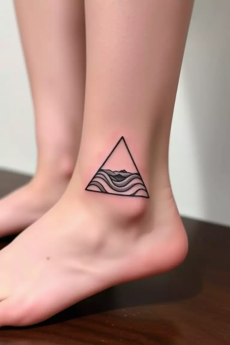 A photo of a woman with a triangle tattoo filled with waves on her ankle.  
