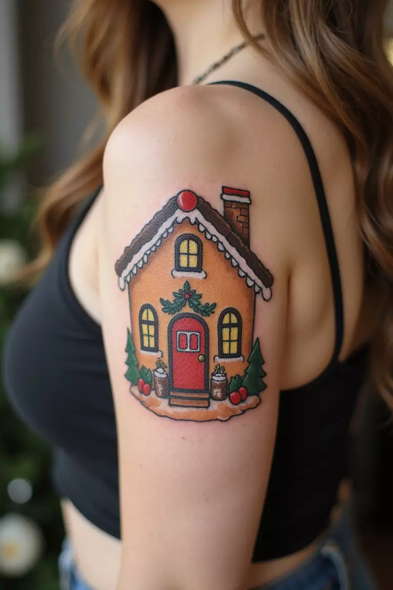 A close-up shot of a woman showing her black ink cute gingerbread house tattoo on her arm.