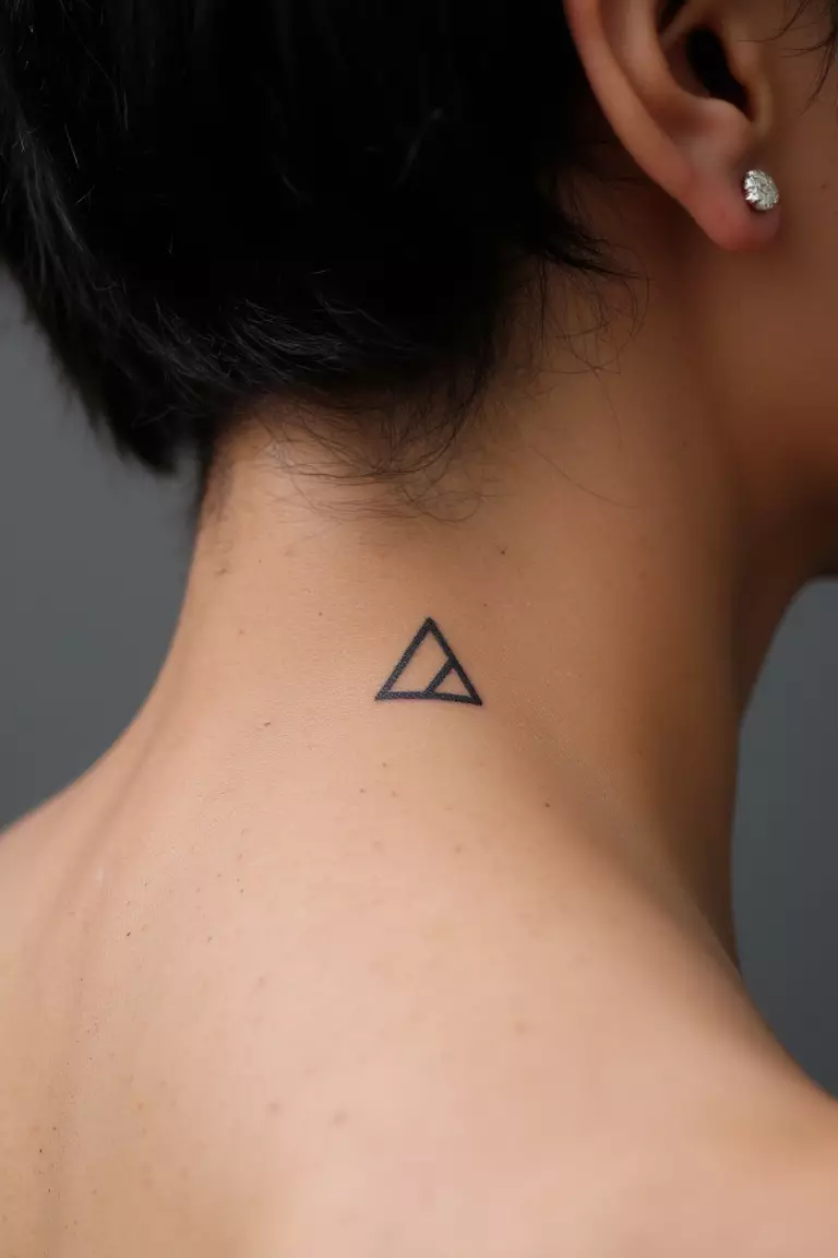 A close up shot of woman's neck from the back with a black ink tiny geometric tattoo  