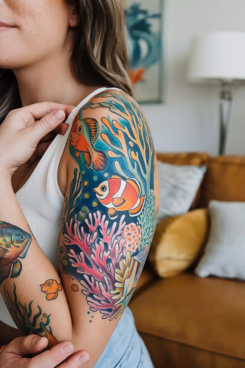 A close-up photo of a woman showing her colorful coral reef tattoo, showcasing vibrant marine life and flora that symbolize the beauty and diversity of underwater ecosystems, tattoo design, living room background