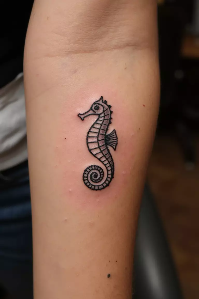 A close up shot of woman's arm with a black ink tattoo of a small seahorse symbolizing Poseidon's domain over sea creatures.