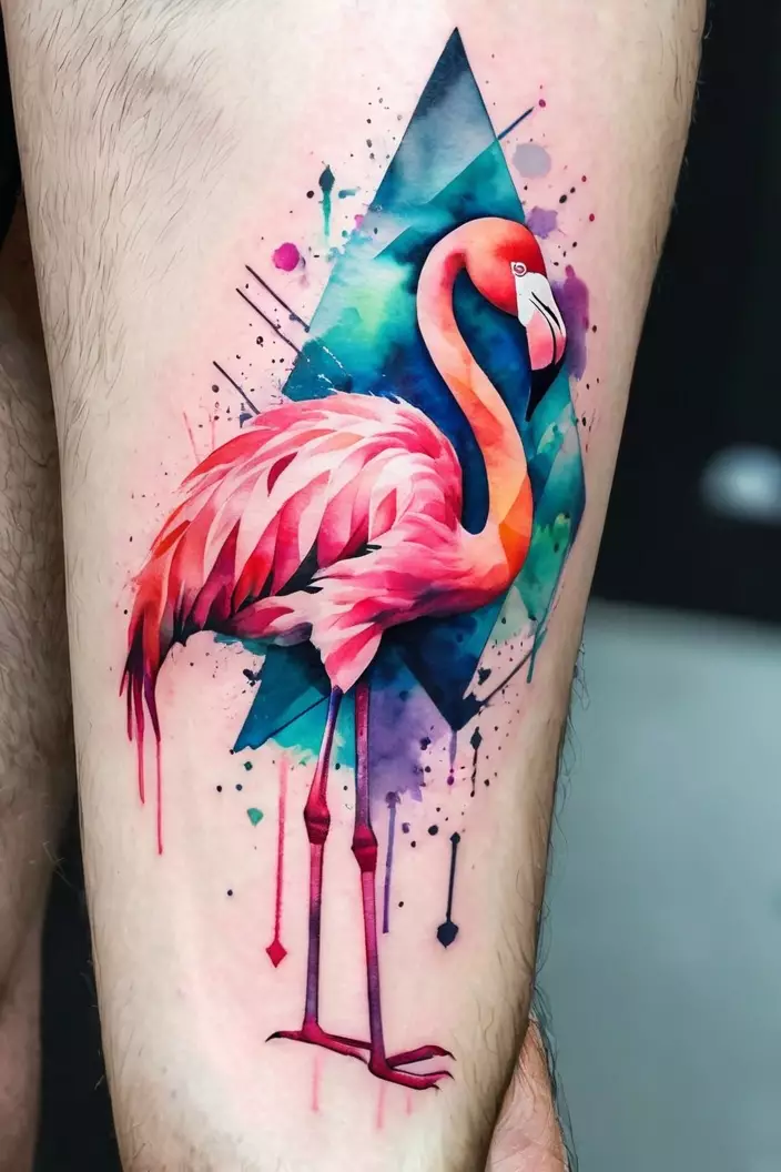 A close-up photo of a man showing his geometric watercolor tattoo of a flamingo, blending geometric shapes with watercolor effects for a vibrant look.  