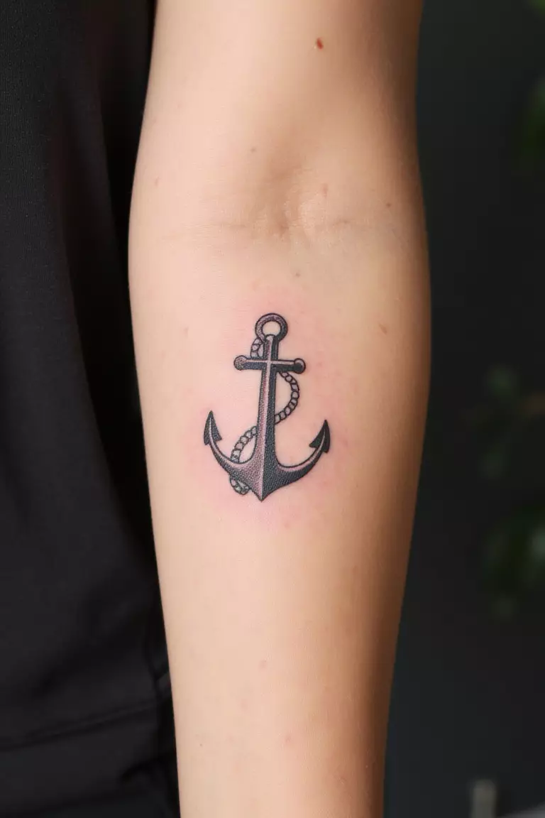 Small Anchor with Waves A close up shot of woman's arm with a black ink small anchor with waves tattoo.
