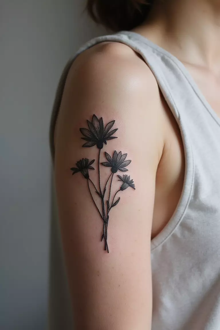 Wildflower Bouquet A close-up shot of a woman showing her black ink wildflower bouquet tattoo on her arm.