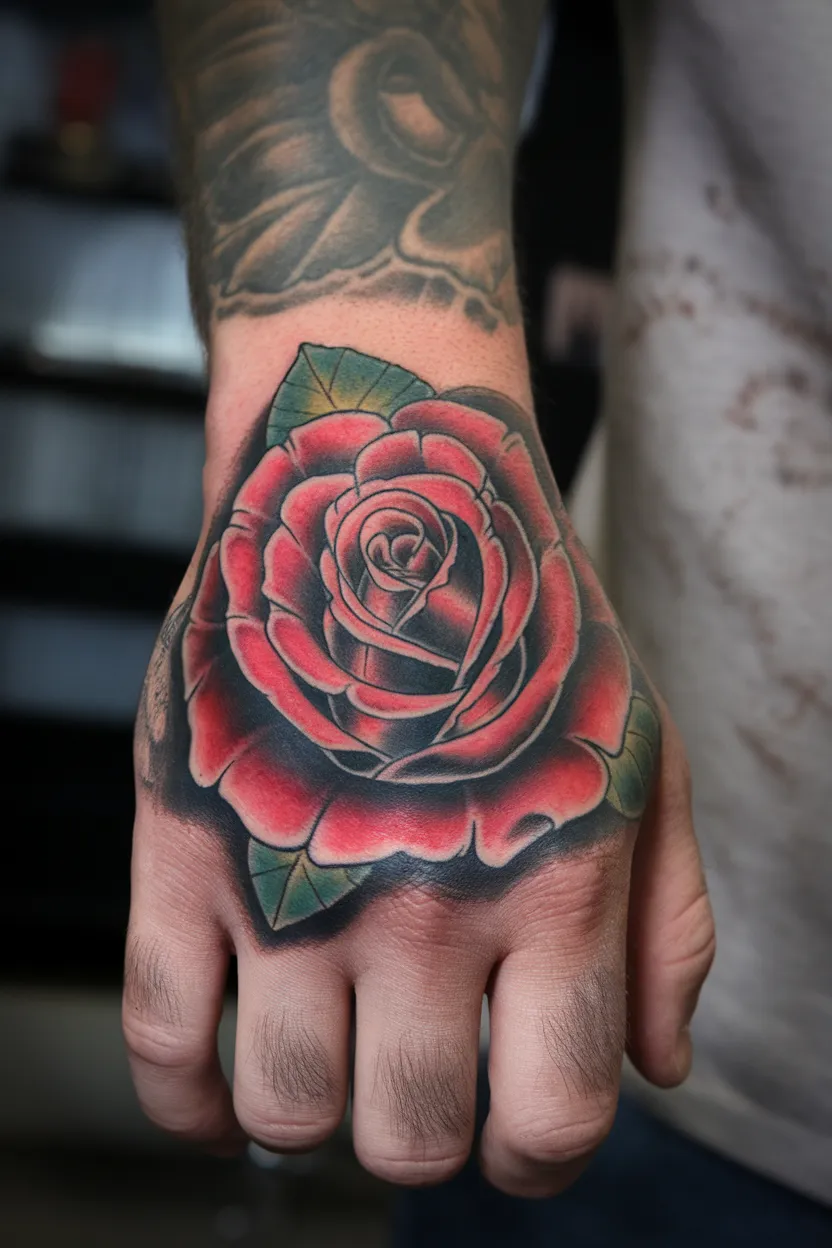 New School Rose Hand Tattoo